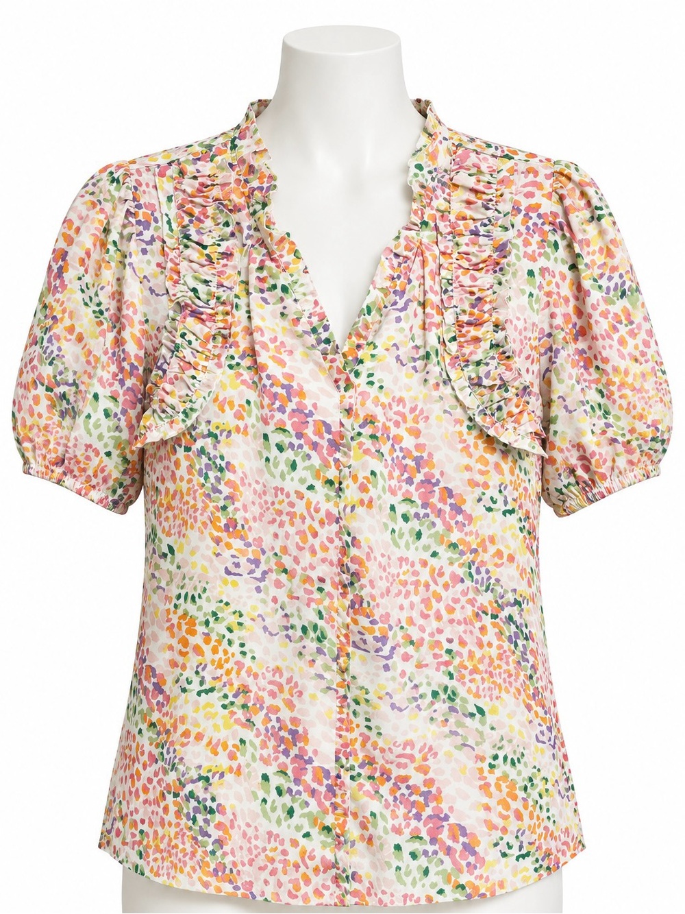 Umgee White Multicolor Dot Ruffle Puff Sleeve Top-sz M